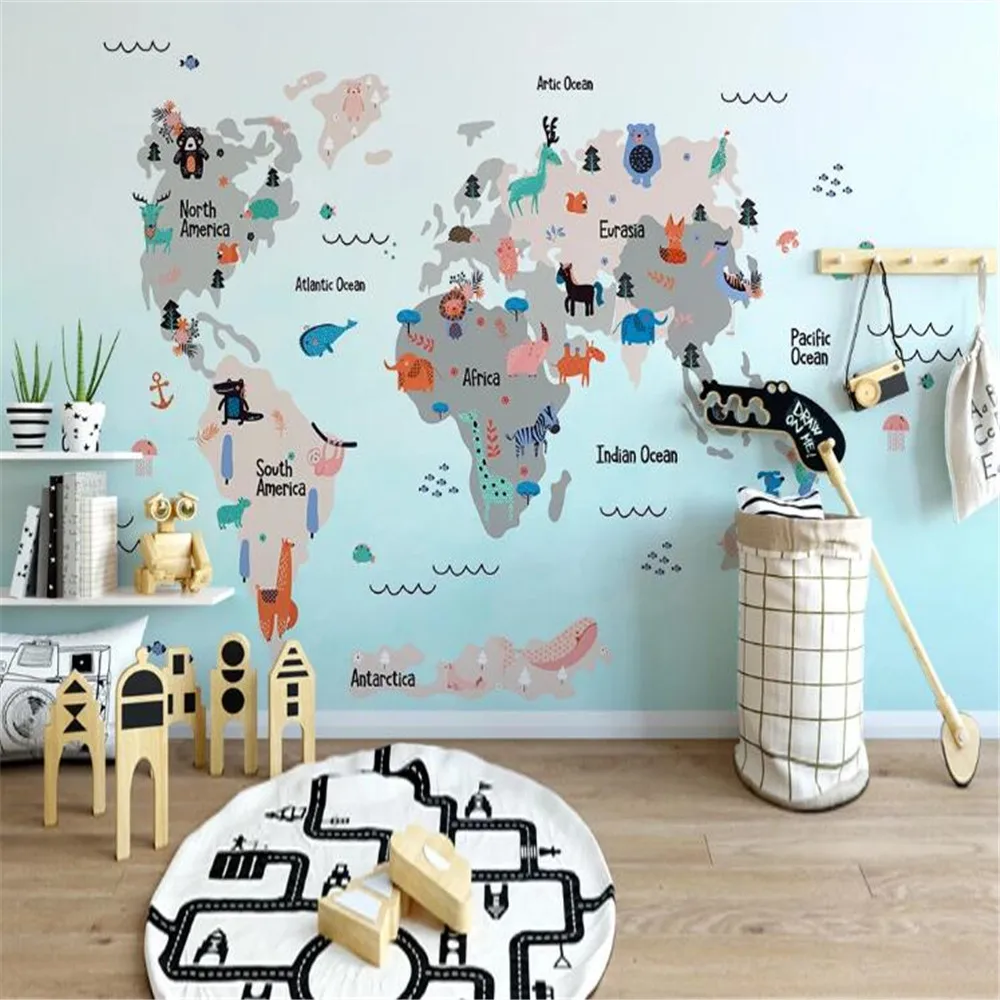 

Milofi custom mural wallpaper hot hand-painted cartoon world animal map children's room mural background wall