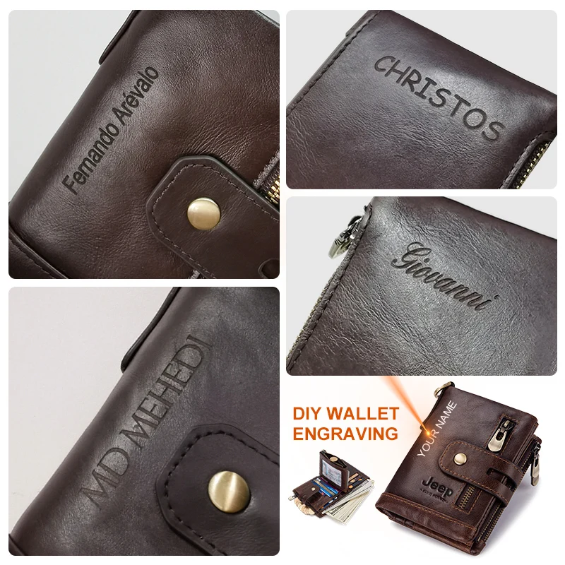 Cartera de cuero genuino para hombre, monedero con grabado gratis, Mini tarjetero, portafolio, cadena de bolsillo