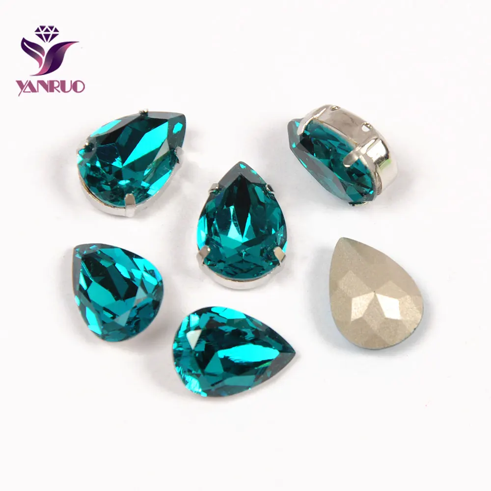 YANRUO Teardrop Blue Zircon Claw Crystals Jewelry Ornaments Marking Silver Gold Base Studs Rhinestones Sew on Stones