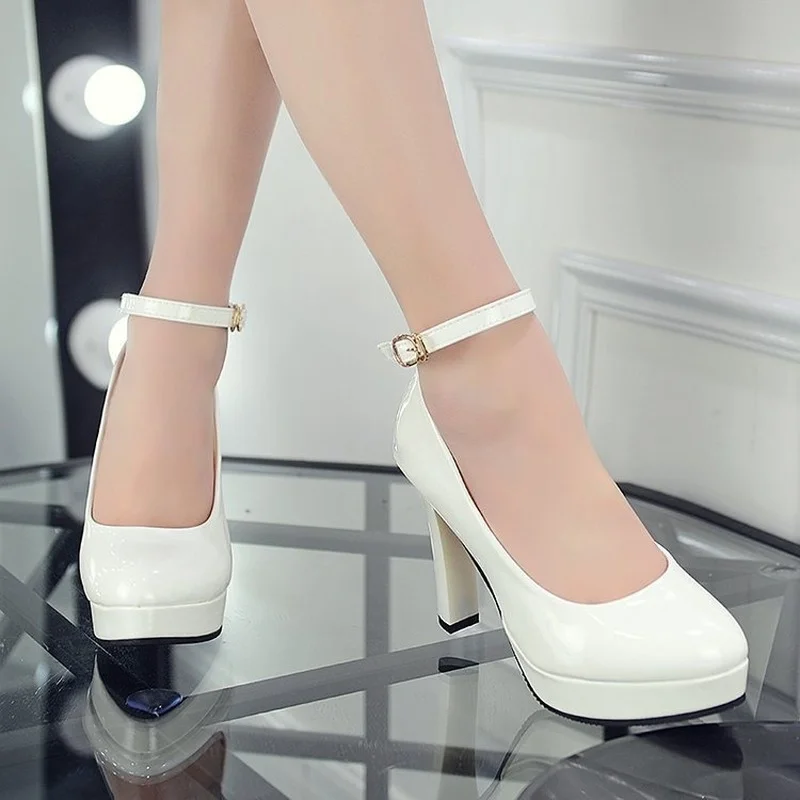 Women\'s Casual Work Shoe White/Red Round Toe Buckle Strap Patent Elegant Leather High Heels Large Size 10.5cm Spring Autumn 2022