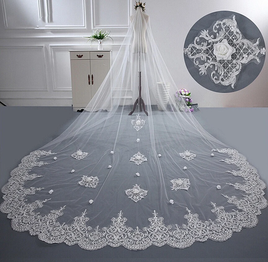 

Cathedral Wedding Veils 4M One Layer Edge White Ivory Long Bridal Accessories Elegant Applique Lace Headdress With Comb