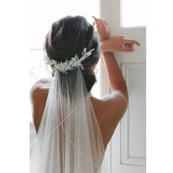 New Arrive 2m Cut Edge Comb White Long Bridal Veils One Layer Lace Beaded Pearls Wedding Veils Tiara with Veil femme voilee