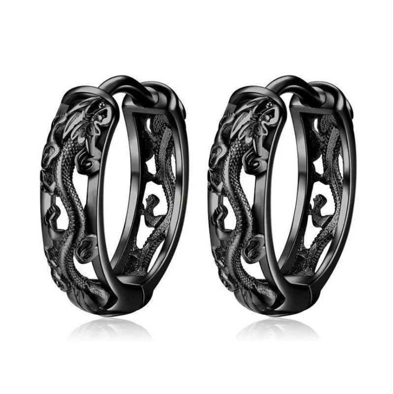 New Trendy Hollow Dragon Earrings Men Hoops Jewelry Gift  Retro Ethnic Silver 925 Earrings Male Party Accessories On Ear Buckle