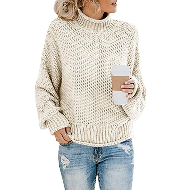 S-5XL Women Coarse Yarn High Neck Loose Thick Solid Knitwear Spring Autumn Knitted Long Batwing Sleeves Sweater Lady Pullover