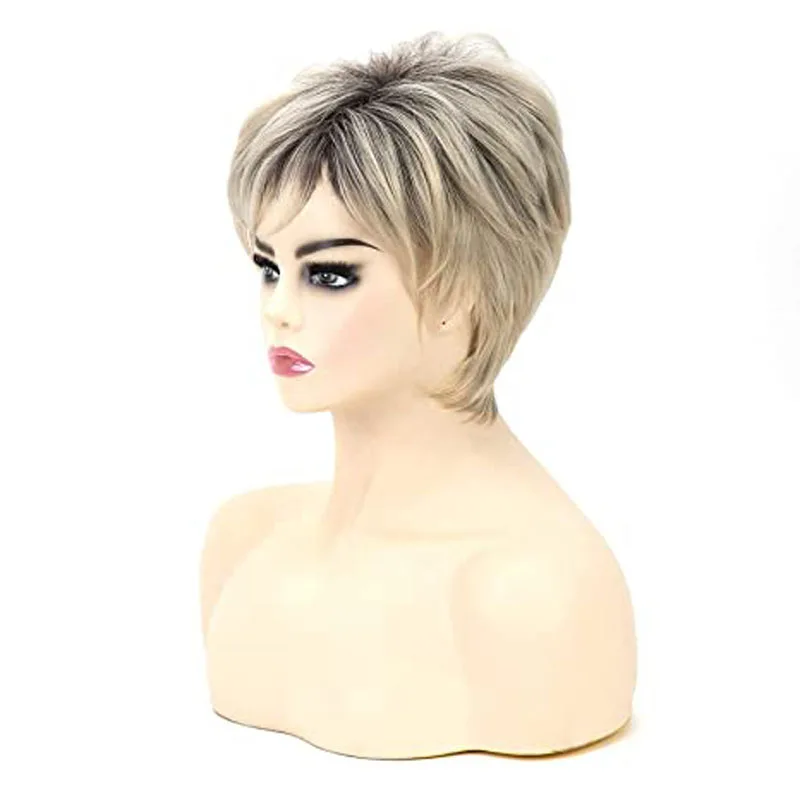 WHIMSICAL W Short Straight Ombre Blonde Wig with Bang for Women Synthetic Natural Hair Wig Dark Roots Heat Resistant Wigs