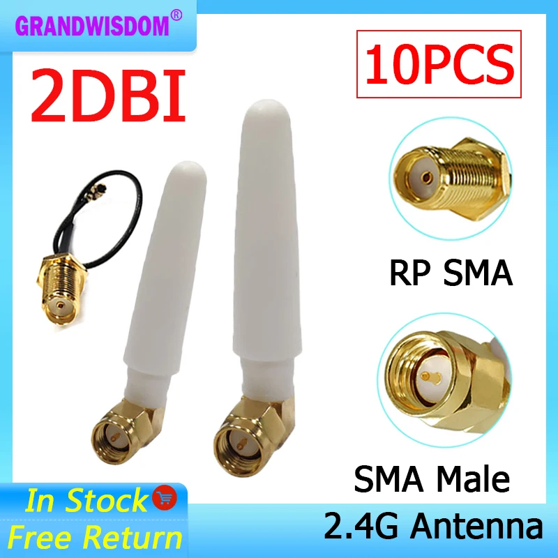 

GRANDWISDOM 10pcs 2.4G antenna 2dbi sma male wlan wifi 2.4ghz antene IPX ipex 1 SMA female pigtail Extension Cable iot antena