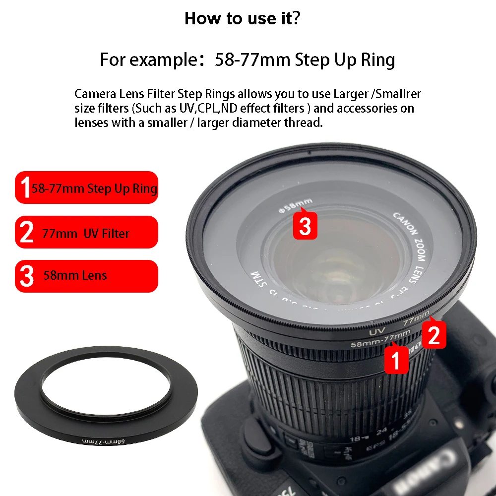 2-pieces Step-Up / Step-Down Ring Filter Adapter Ring with a Lens Cleaning Cloth , 82mm-62/67/72/77/82/86/95/105mm