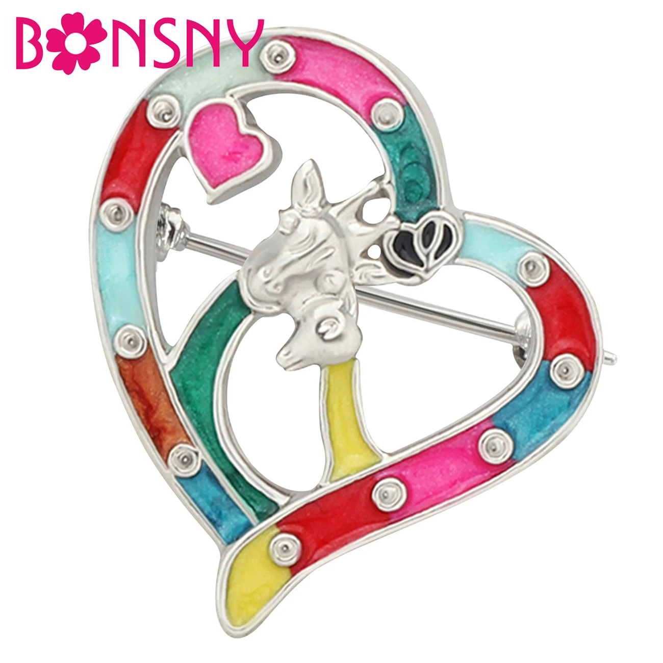 Bonsny Valentines Enamel Alloy Metal Floral Heart Shape Giraffe Couple Brooches Pin Scarf Jewelry For Women Girls Charming Gift