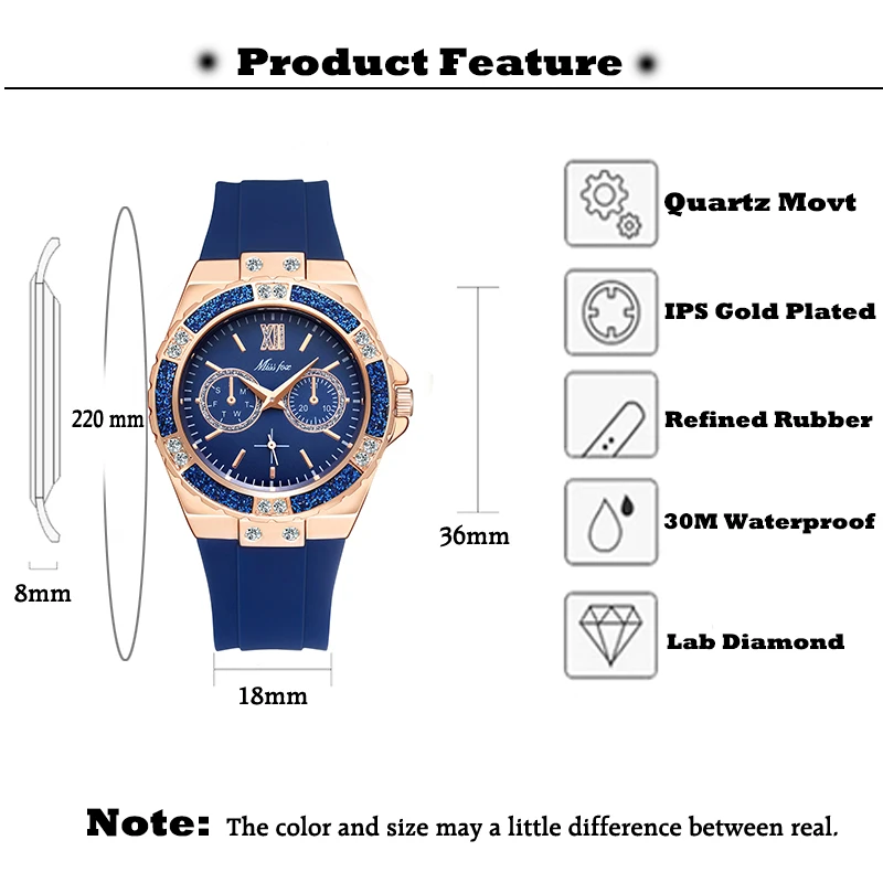 MISSFOX Women\'s Watches Chronograph Rose Gold Sport Watch Ladies Diamond Blue Rubber Band Xfcs Analog Female Quartz Wristwatch