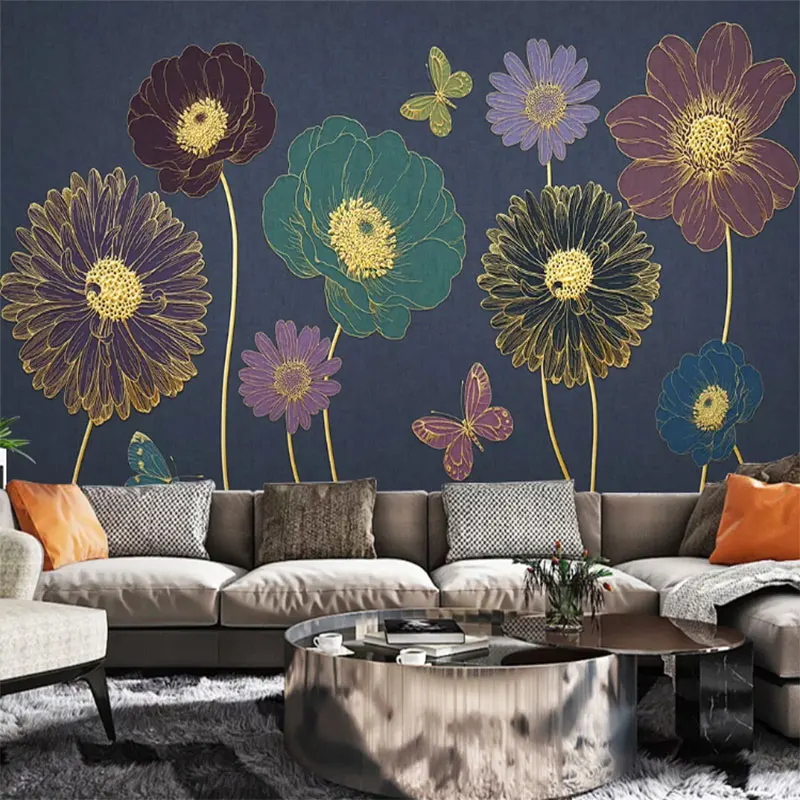 

Custom Mural Wallpaper Simple Light Luxury Plant Flower Embossed Line Television Background Wall Painting