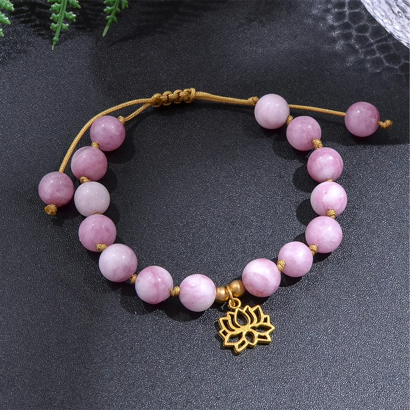 108 8Mm Kunzite Kralen Geknoopt Japamala Ketting Meditatie Yoga Geest Sieraden Armband Set Kwastje Gouden Lotus Charm Voor Vrouwen