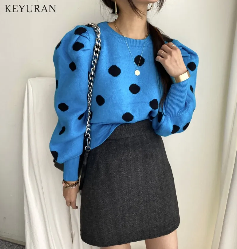 Korean Chic Puff Sleeve Sweater Women Stylish 2024 Autumn Winter Polka Dot Pullover Sweater Women\'s Knitwear Jumper Tops Lady