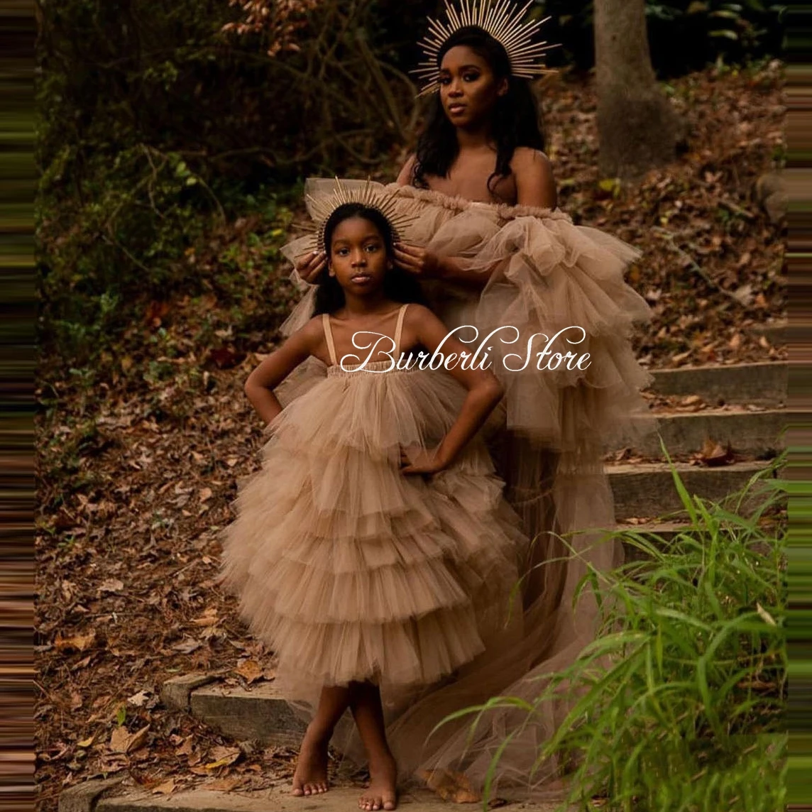 Puffy Ruffle Tiered Tulle Long Maternity Dress Photo Shoot Baby Show Mother and Daughter Mesh Dress Robes Off Shoulder