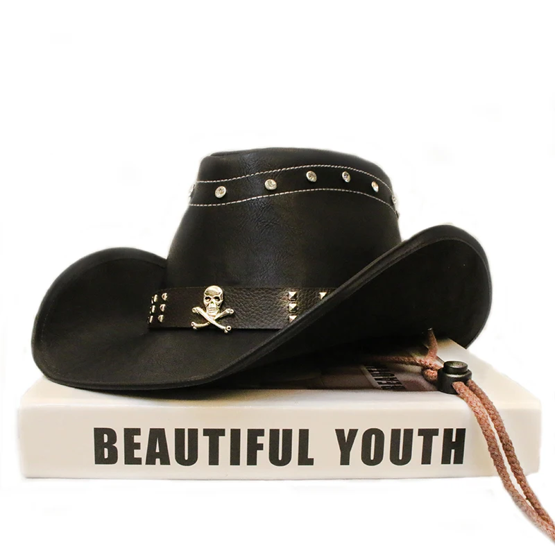 Unisex Women Men Retro Skull Band PU Leather Roll Up Wide Brim Sombrero Sun Cap Beach Cowboy Cowgirl Western Hat 58cm