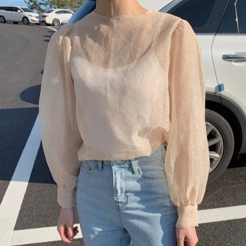 

Women's Sexy Gauze Blouse Solid O-Neck Puff Sleeves Wrinkle Texture Women Thin Immortal Blouses Spring Autumn 2021