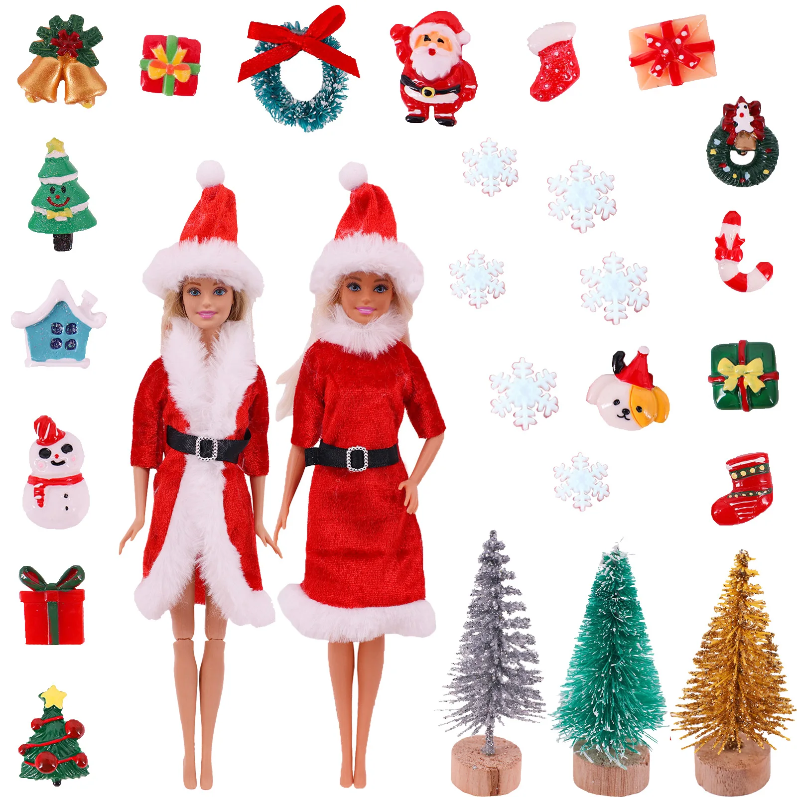 10Pcs Christmas Barbies Clothes Outfits Red Mini Dress+ Hat for Barbies 1/6 Doll Christmas Tree Wreath Snowflake Accessories Toy