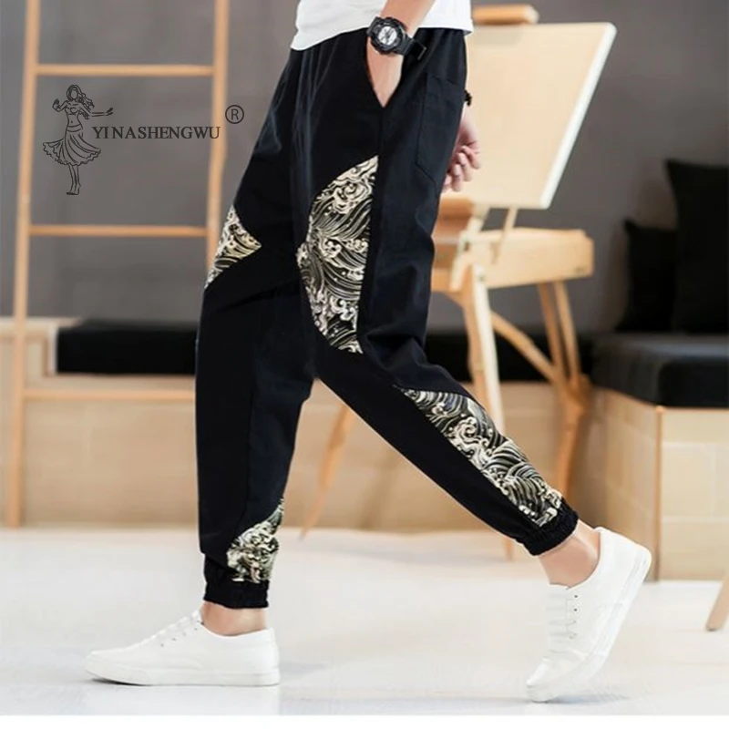 Japanese Casual Kimono Pants Loose Samurai Print Trouser Japan Men Traditional Asian Costume Yukata Style Cotton Linen Clothing