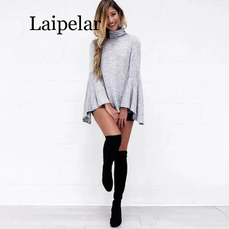 Autumn Gray 2020 Turtleneck Casual Women Blouse Long Sleeve Knitted Winter Back Slit Office Work Ladies Blusas Shirt Tops