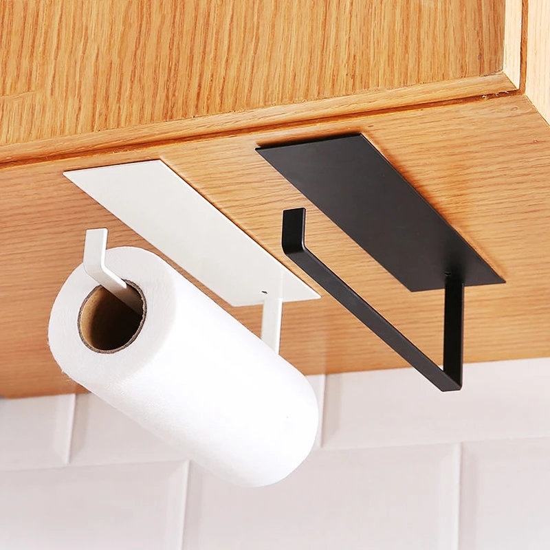 Kitchen Self-Adhesive Roll Rack Paper  Towel Holder Tissue Hanger Rack Nail-Free Cabinet Shelf Sundries Accessories