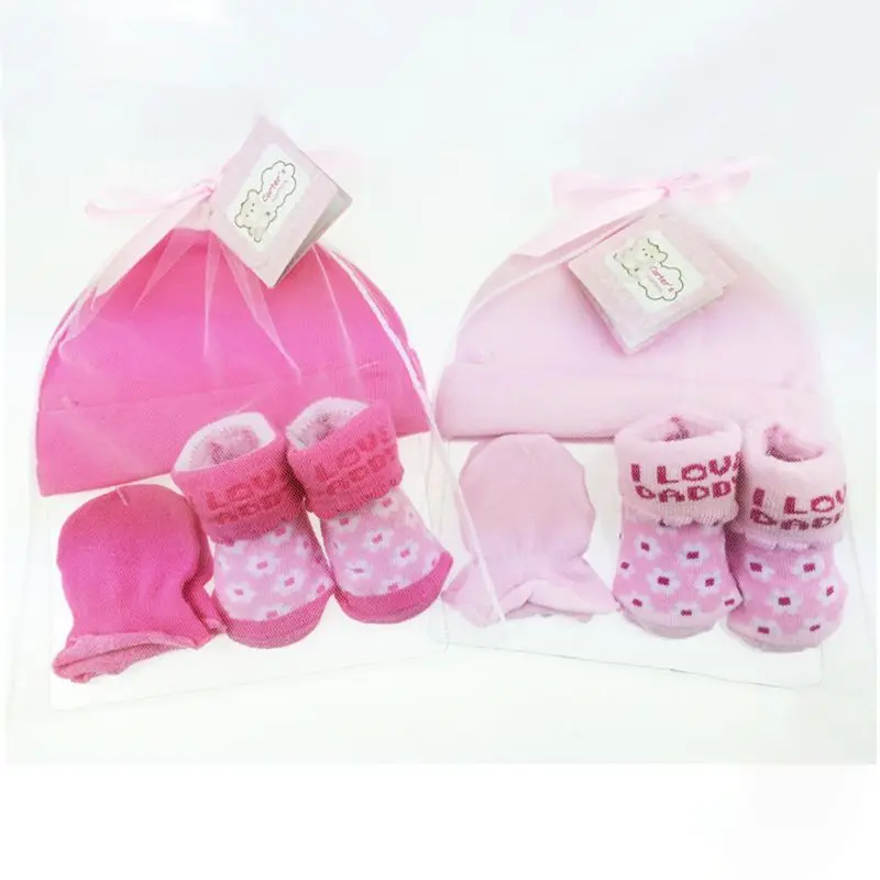 1 Bag Baby Socks + Anti-scratch Gloves +Hat Set Cute Cartoon Newborn Girls Boys 100 Days/1 Month Party Gift