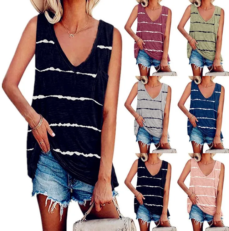 Sexy Women Summer Casual Beach Befree Boho Printed Big Large Sleeveless Strip Pocket Tank Tops Female Ladies Shirt