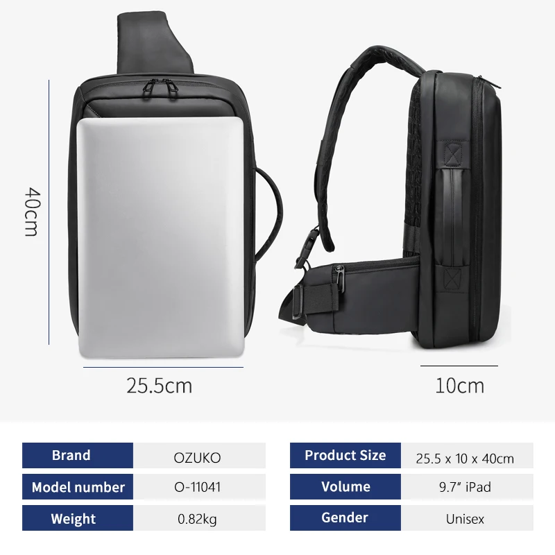 Inrn bolsa de peito masculina de 13 polegadas, bolsa de ombro para laptop de grande capacidade, bolsa de carteiro, mochila transversal à prova d'água