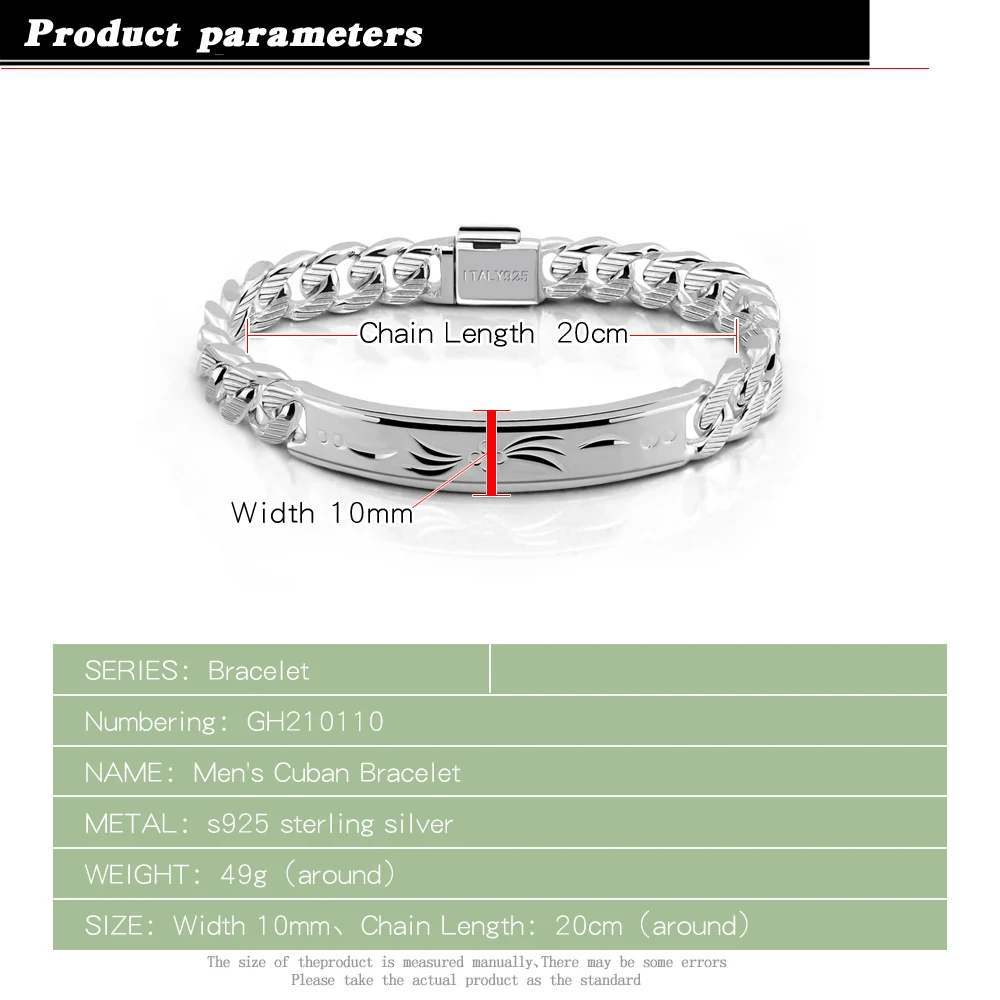 Fashion 925 Sterling Silver Bracelet for Men Male Cool Rock Punk Style Bracelet 100% Solid silver 10 mm 20 cm Bracelet Jewelry