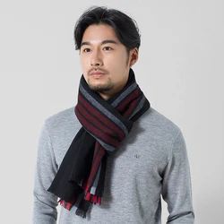 Winter 100% Lamb Wool Men's Scarf Striped Warmer Thicken Pashmina Wraps Foulard Male Cashmere Neck Scarf Large Fashion Echarpe