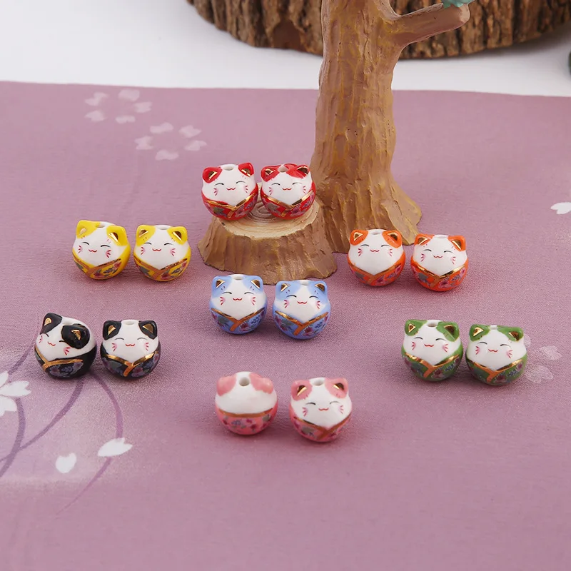 5pcs/lot Ceramic Fortune Cat Beads Lucky Animal 15*15mm For Jewelry Making Bracelets Handmade DIY Accessories