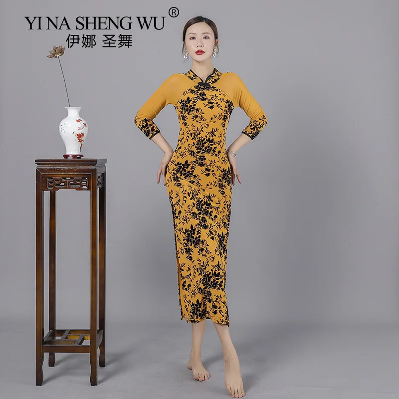 Cheongsam classique imprimé, léger, fluide, gaze de danse chinoise pour femmes, robe Slim, danseuse élégante, vêtements de spectacle