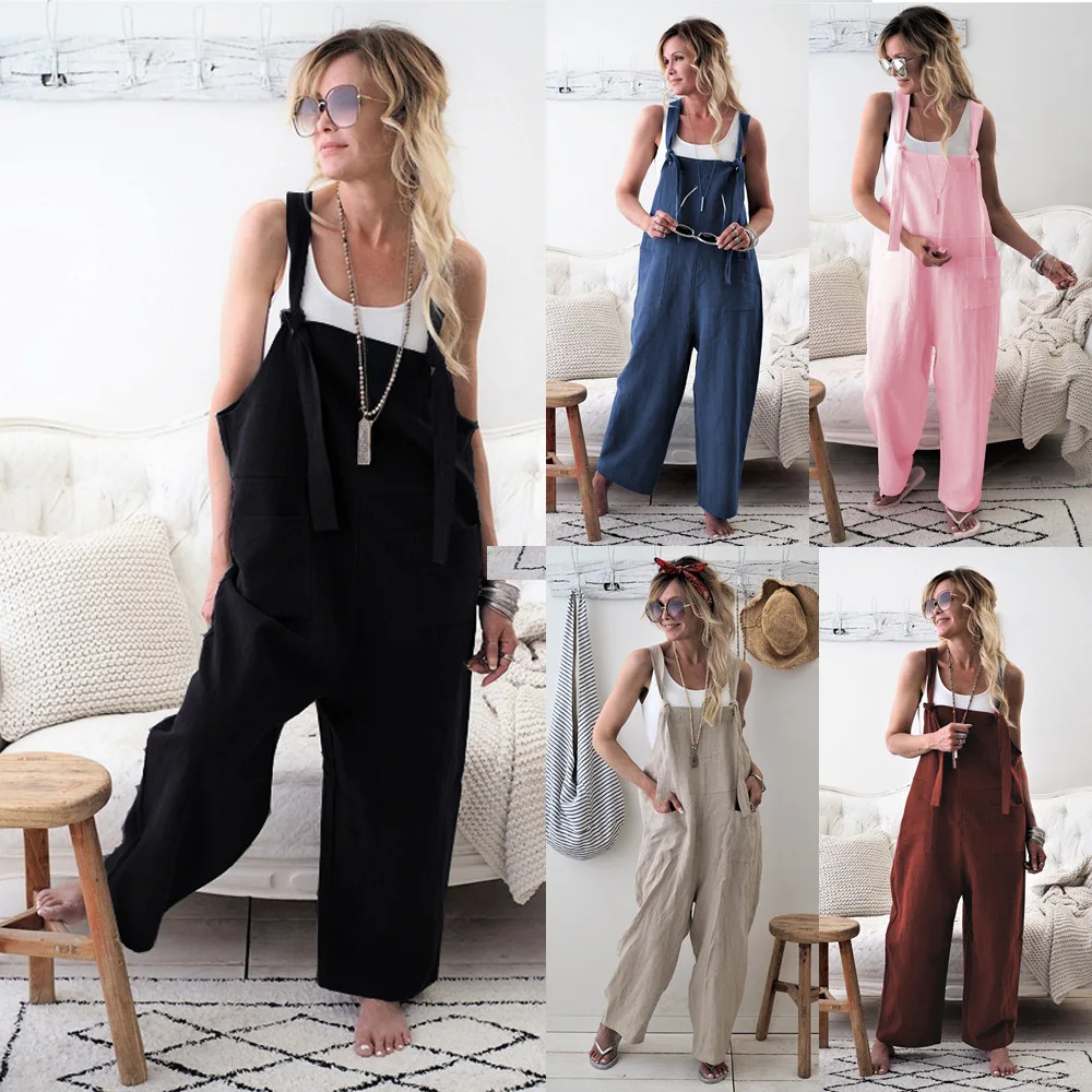 

Pregnant-Overalls Solid color Jumpsuit Loose Maternity Pants linen Pregnant Trousers Strap Belt Bib Pants