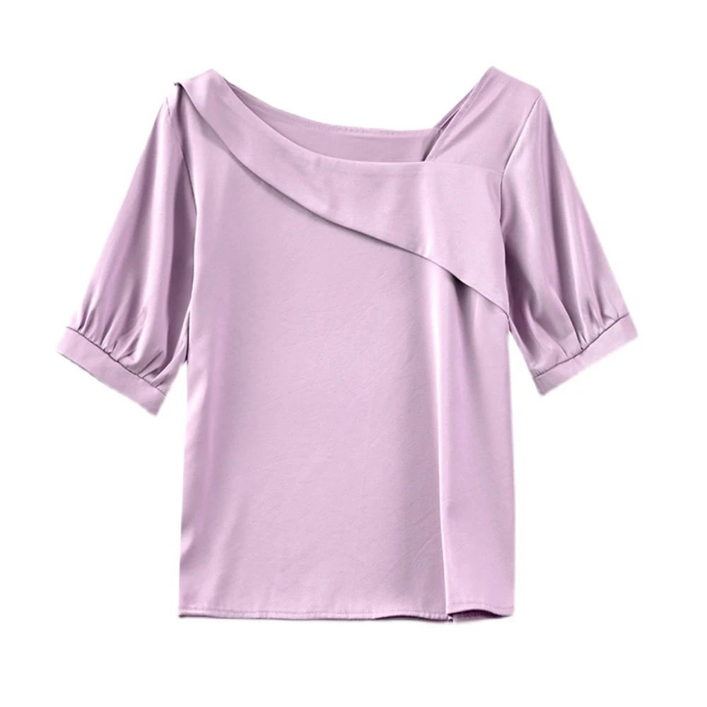 2021 Woman Summer Retro Exposed Clavicle Skew Collar Puff Sleeves Satin Chiffon Shirt