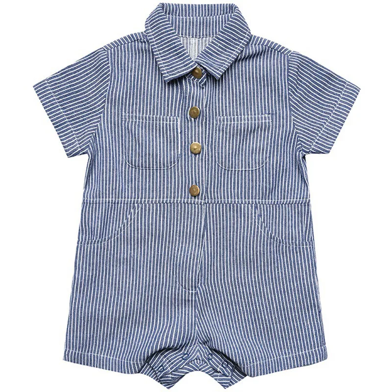 Summer Cute Baby Jumpsuit Thin Children\'S Clothing Pocket Buttons Striped Denim One-Piece Clothes Boys Girls Toddler Kids Romper