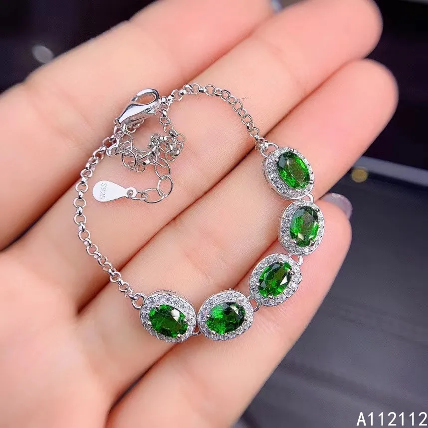 

Fine Jewelry 925 Sterling Silver Inset With Natural Gemstones Women's Luxury Elegant Oval Diopside Hand Bracelet Support Detecti