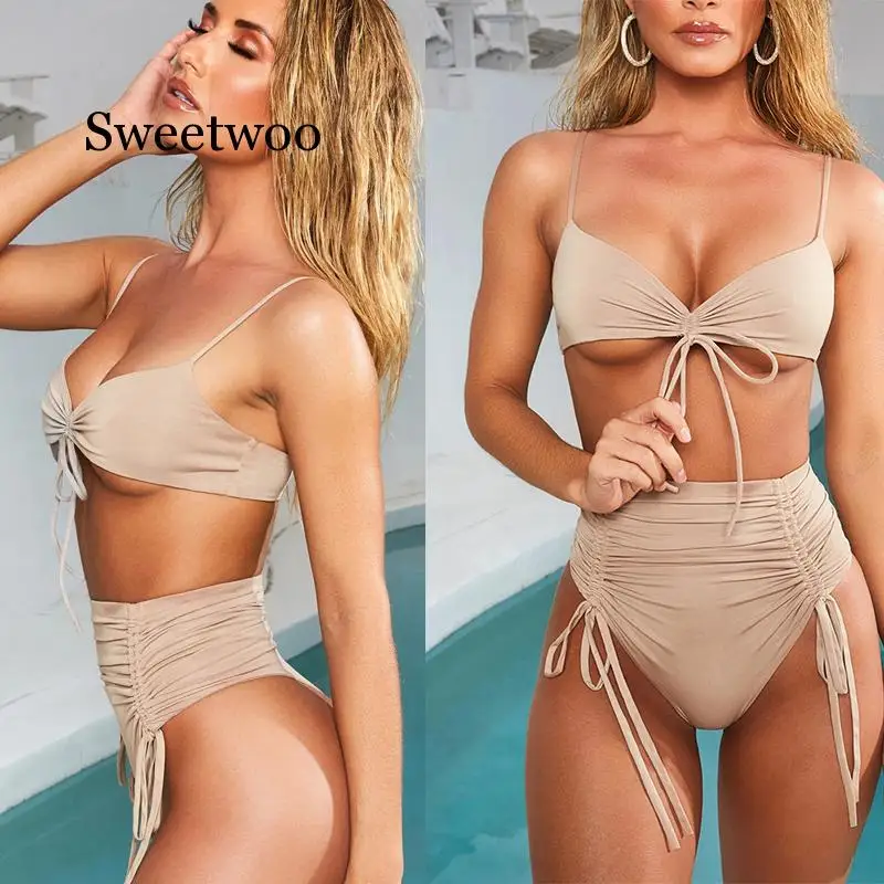 

Women Lace Up Bikini Swimsuit Two Pieces Solid Push Up High Waist Bathing Suit Cover Up Sexy Female Biquini Beach Wear SWEETWOO