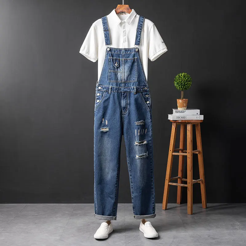 Men Denim Hole Bib Overalls Loose Large Size Fashion Hip Hop Streetwear Jumpsuit Blue Tattered Jeans Pants Freight Trousers