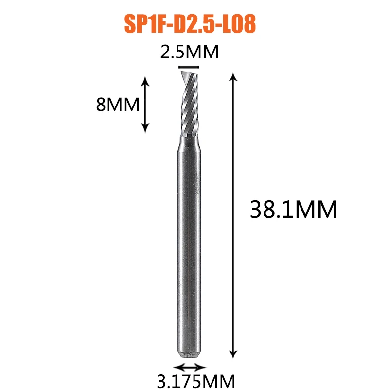 1 st AAAAA enkele fluit spiraal frees 3.175,4,6,8 schacht aluminium molen 3D graveren carving bit voor houtbewerking Acryl ACM cut