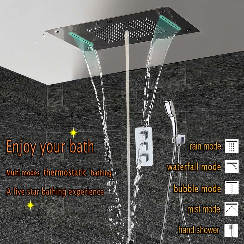 

Bathroom Shower Set LED Ceiling Shower Head Thermostatic Faucet Concealed Panel Luxury Bath Mixer Rainfall Waterfall Bubble Mist