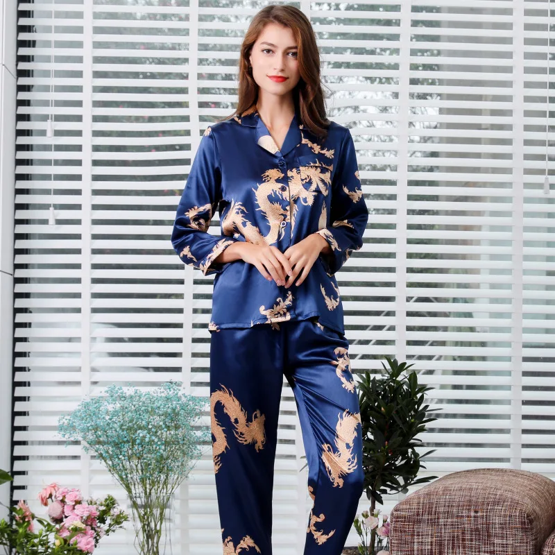 Simulation Silk Couple Pajamas New Long-Sleeved Suit Men And Women V-Neck Silk Printing Dragon And Phoenix Home Service Пижам