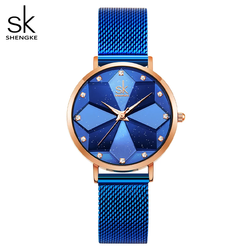 shengke New Women Watches Romantic Flower Cutting Dial High Quality Black Mesh Band Lady Watches Relogio Feminino Gift For Love