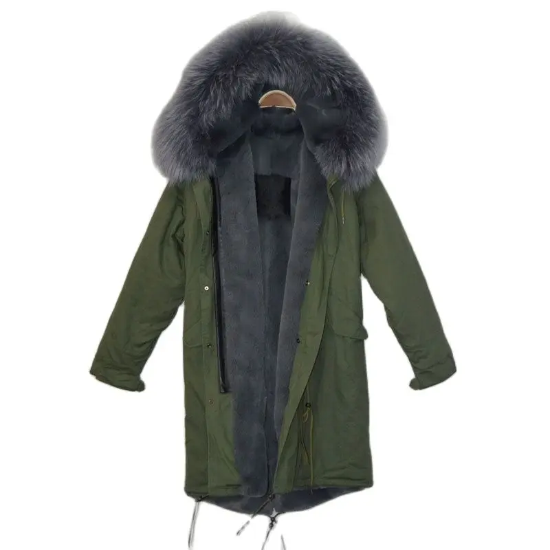 Brand Newest Deeper Grey Fashion Long Mr Fur Jacket Army Green Winter Mrs Grey fur Parka Wholesale Women Wear