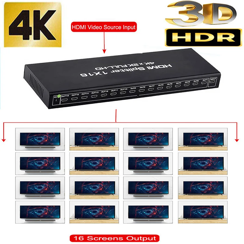 4kx2k HDMI splitter 1x16 video splitter converter 4K 3D HD 1080P 1 in 16 out PS3 PS4 XBOX DVD computer PC output to TV