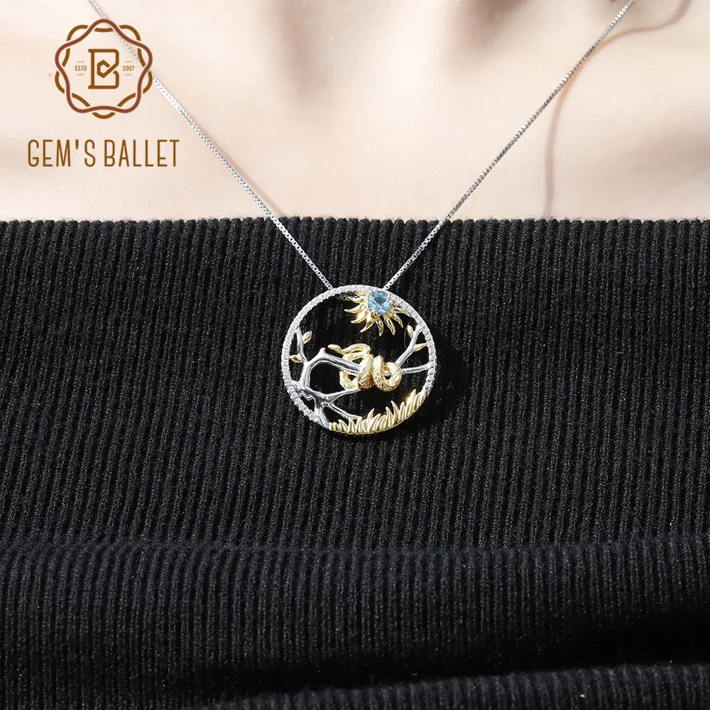 GEM'S BALLET Natural Swiss Blue Topaz Pendant Necklace 925 Sterling Silver Chinese Zodiac Plated Gold Snake Jewelry For Women