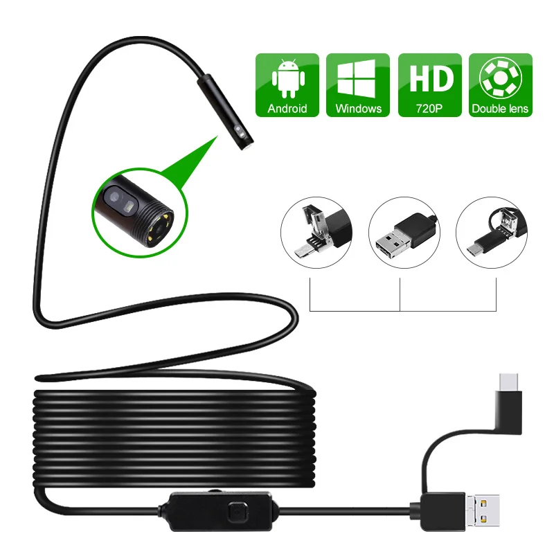 

8.0mm USB Endoscope Dual Lens 720P HD Industrial Borescope 3-in-1 6 Leds Flexible Camera 2MP High-Definition for Android PC