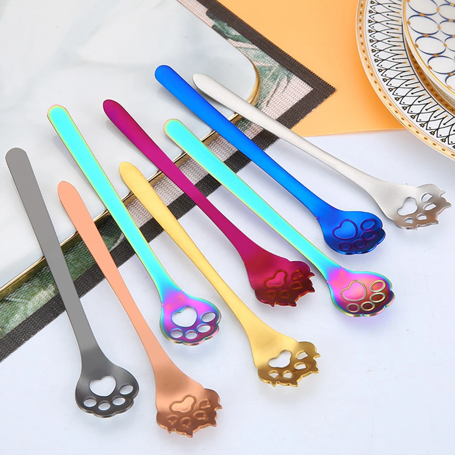 1pc Cat Dog Paw Stainless Steel Coffee Spoon Colorful Ice Cream Dessert  Spoon Kitchen Accessories Tableware