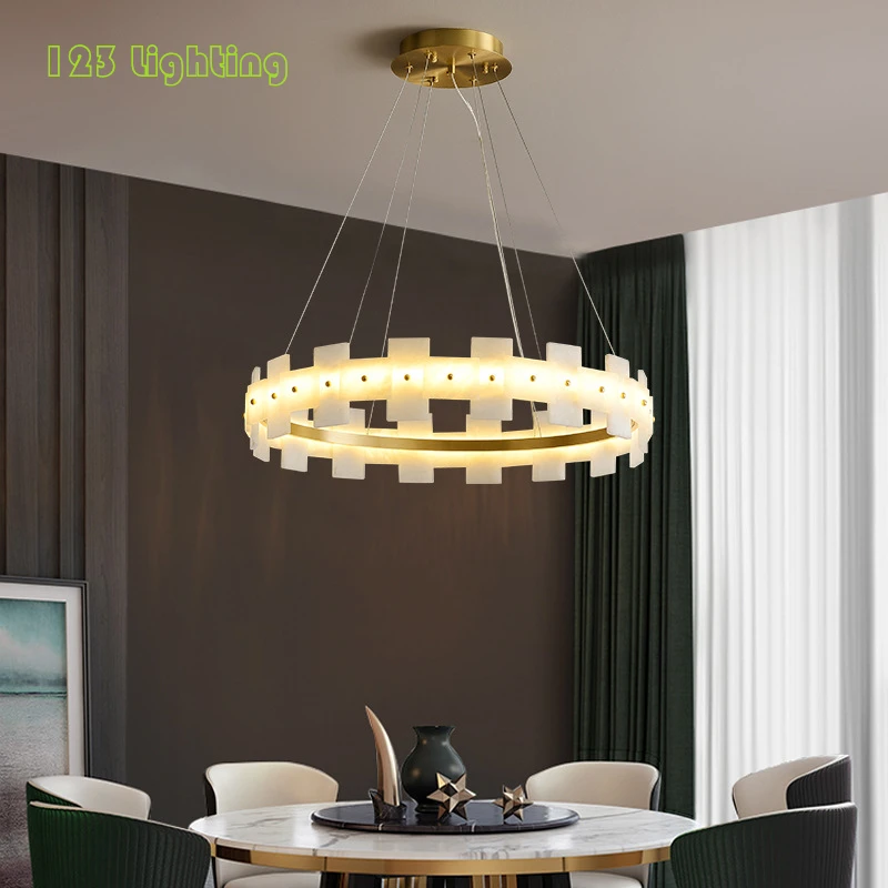 

Natural Marble LED Chandeliers Lighting Foyer Bedroom Restaurant Light Fixtures Gold Metal Cord Adjustable Home Decoration