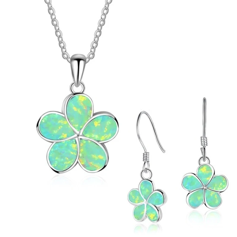 Fashion Flower Imitation Blue Fire Opal Plant Pendant Necklace Earrings For Women Wedding Jewelry Accessories Set Drop shipping