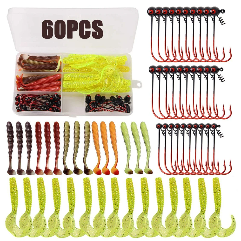 60Pcs/box  Soft Grub Worm Lures with Shaky Head Jig Hooks Lure accessories Kit Football Jig Head bait Trout Bass lure fishing