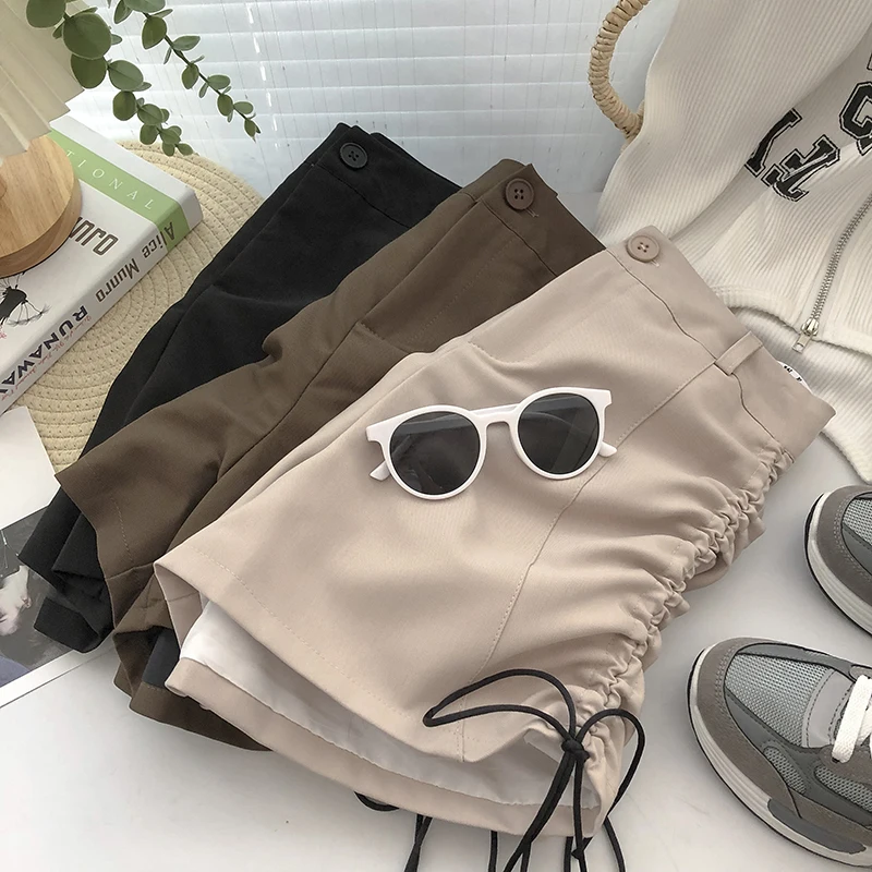 Two Side Drawstring Ties One Button High Waist Solid A-line Casual Shorts 2021 Women's Autumn Korean Slim Wide Leg Hot Shorts