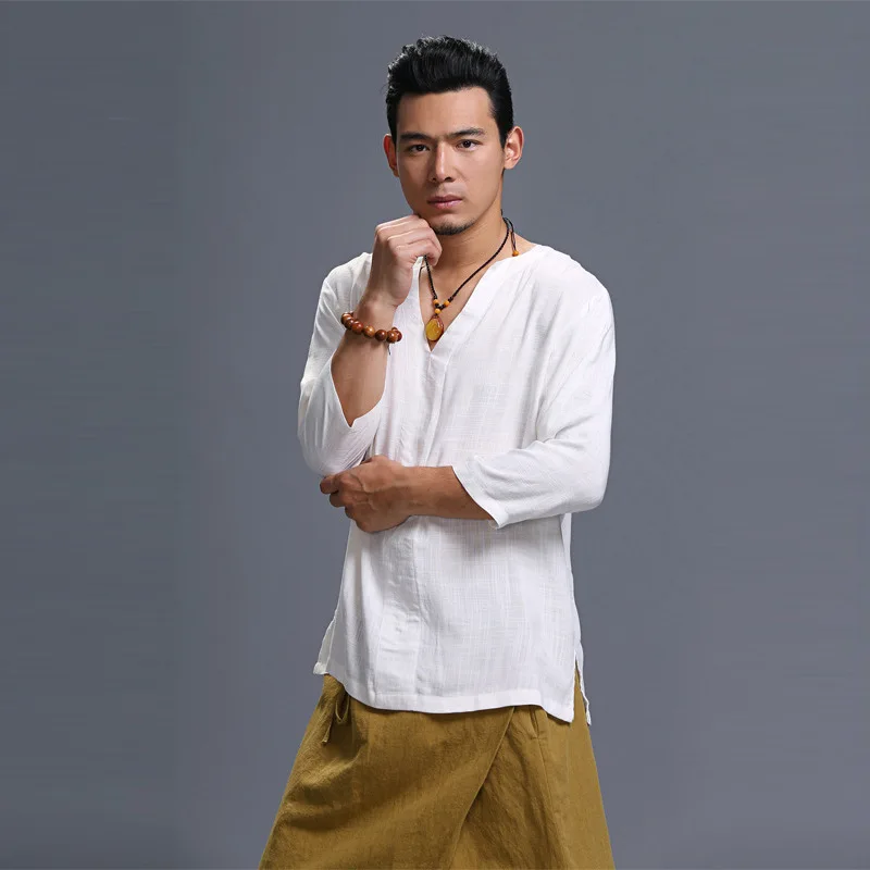 3/4 Sleeve Men Cotton Linen V-Neck Shirt Chinese Traditional White Casual Tang Tops Retro Button Ancient Harajuku Loose Coat